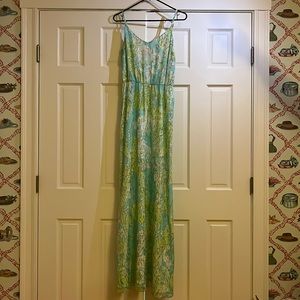 Lilly Pulitzer Deanna Maxi Dress Gold Silk Shorely Blue